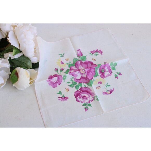 Vintage Accessories - Vintage 1950s Cotton Handkerchief Floral Print, Pink Purple Roses Hankie